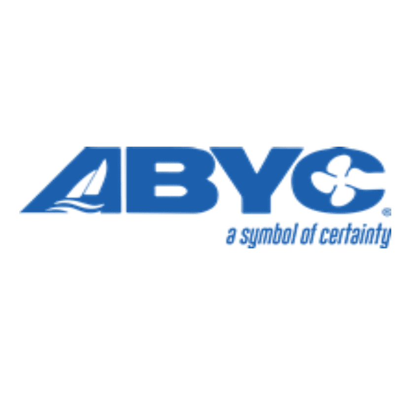 A blue and white logo of abyc