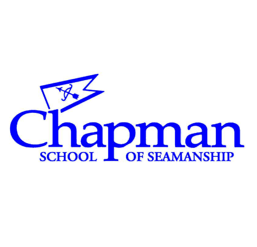 A blue and white logo of chapman school of seamanship.