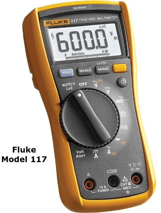 A yellow and black digital multimeter with the word " fluke model 1 1 7 ".